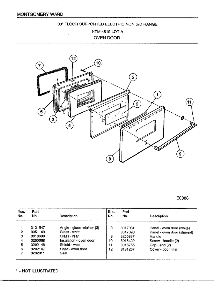 Oven Door Diagram and Parts List for 4819A  Frigidaire Range