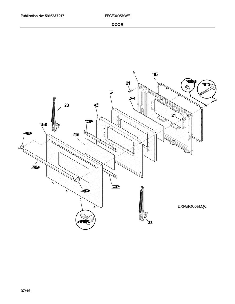 Door Diagram and Parts List for FFGF3005MWE  Frigidaire Range