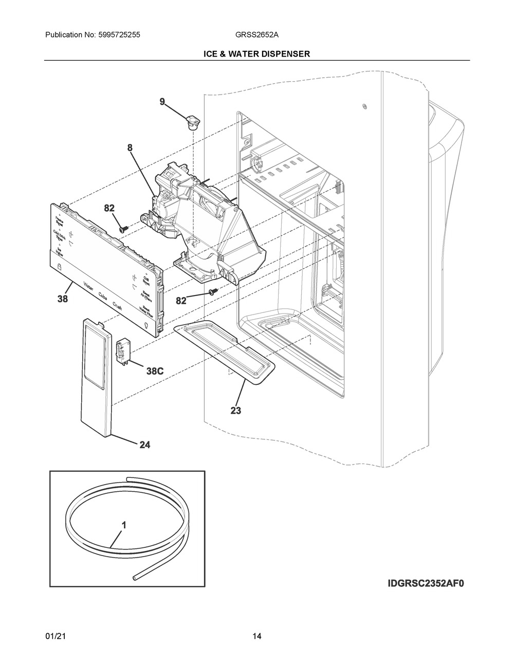 Ice And Water Dispenser Diagram and Parts List for GRSS2652AF0  Frigidaire Refrigerator