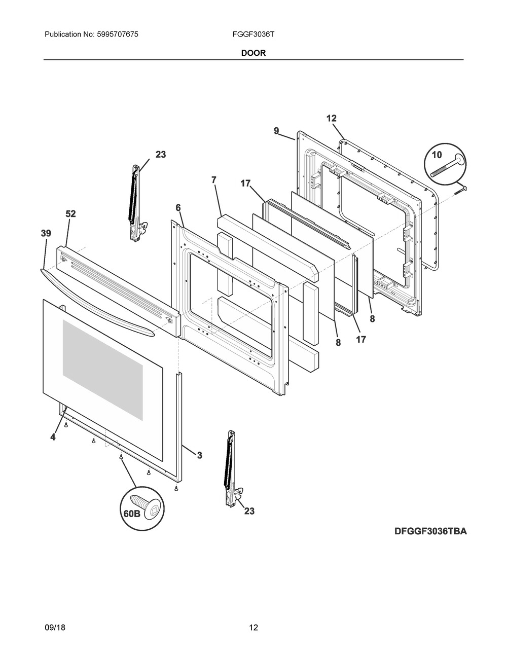 Door Diagram and Parts List for FGGF3036TWC  Frigidaire Range