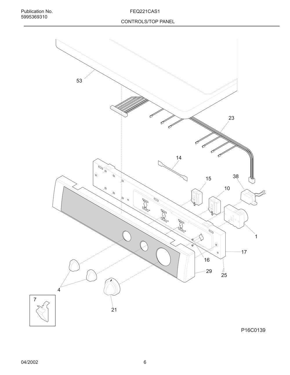 Controls/Top Panel Diagram and Parts List for FEQ221CAS1  Frigidaire Dryer