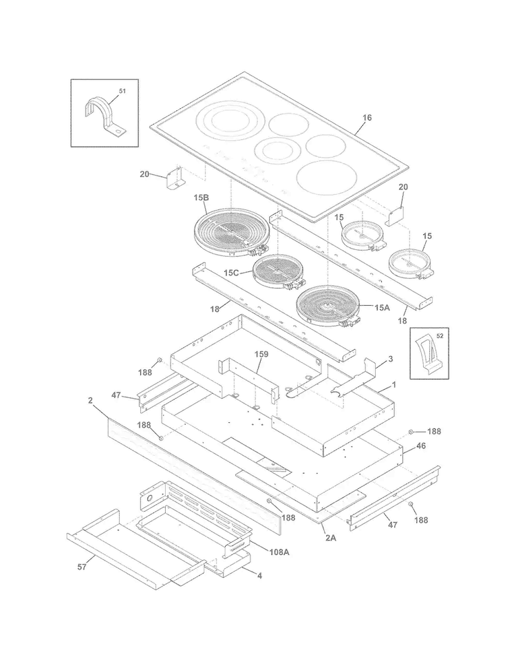 Main Top/surface Units Diagram and Parts List for EI36EC45KS2  Electrolux Cooktop