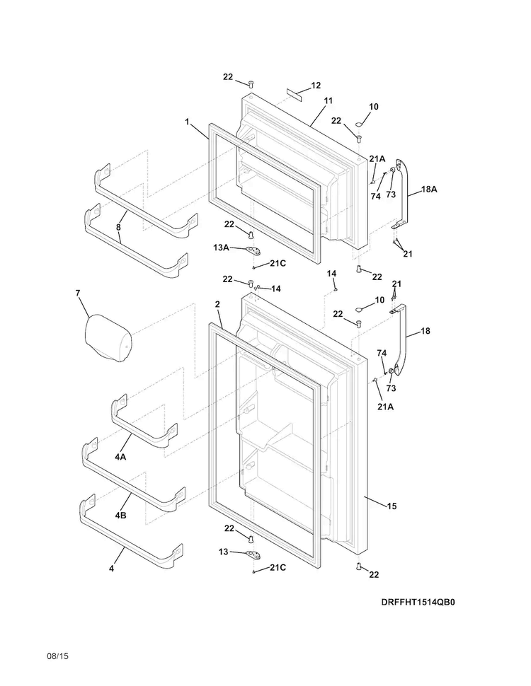 Doors Diagram and Parts List for FFHT1514QB1  Frigidaire Refrigerator