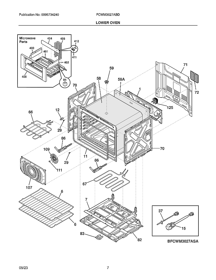 Lower Oven Diagram and Parts List for FCWM3027ABD  Electrolux Microwave Oven Combo