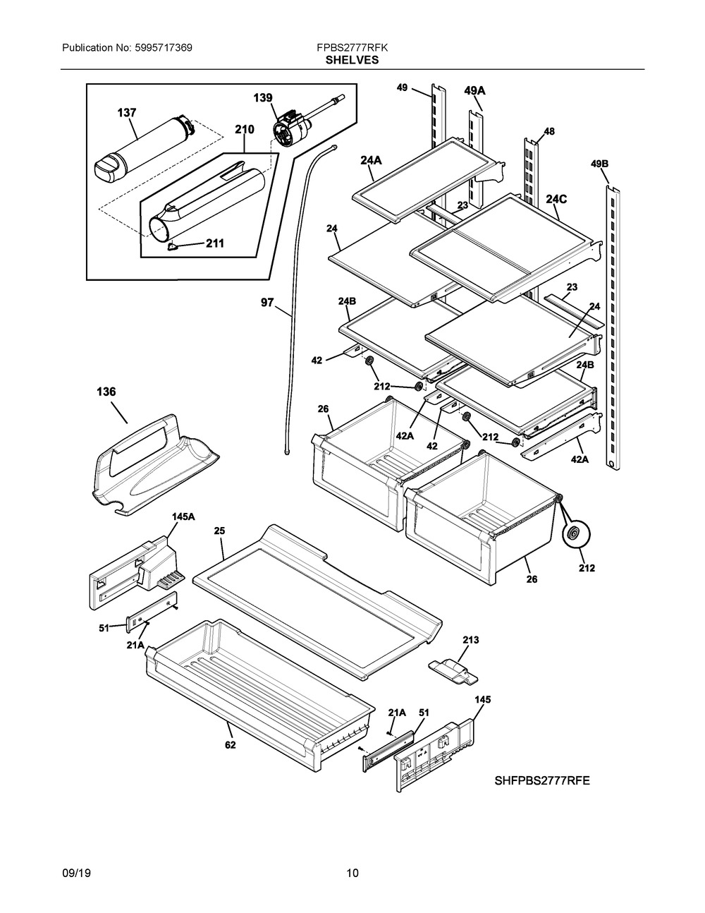 Shelves Diagram and Parts List for FPBS2777RFK  Frigidaire Refrigerator
