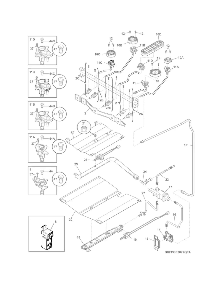 Burner Diagram and Parts List for FPGF3077QFA  Frigidaire Range