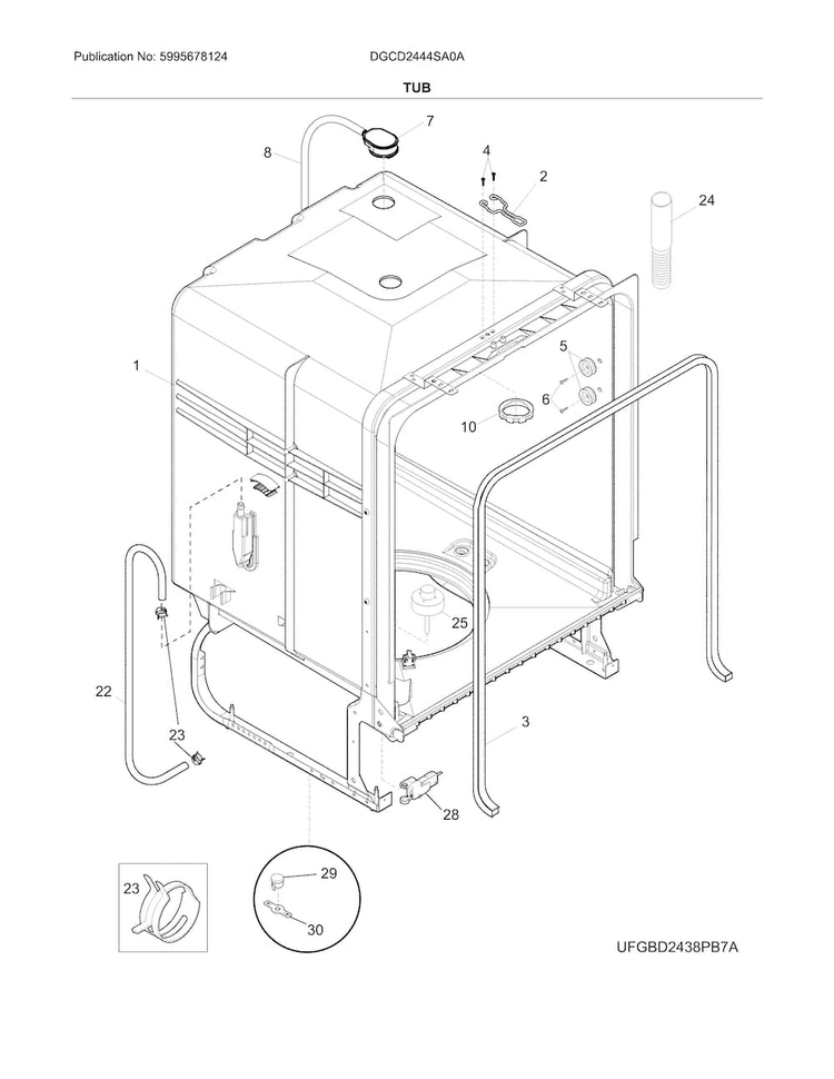 Tub Diagram and Parts List for DGCD2444SA0A  Frigidaire Dishwasher