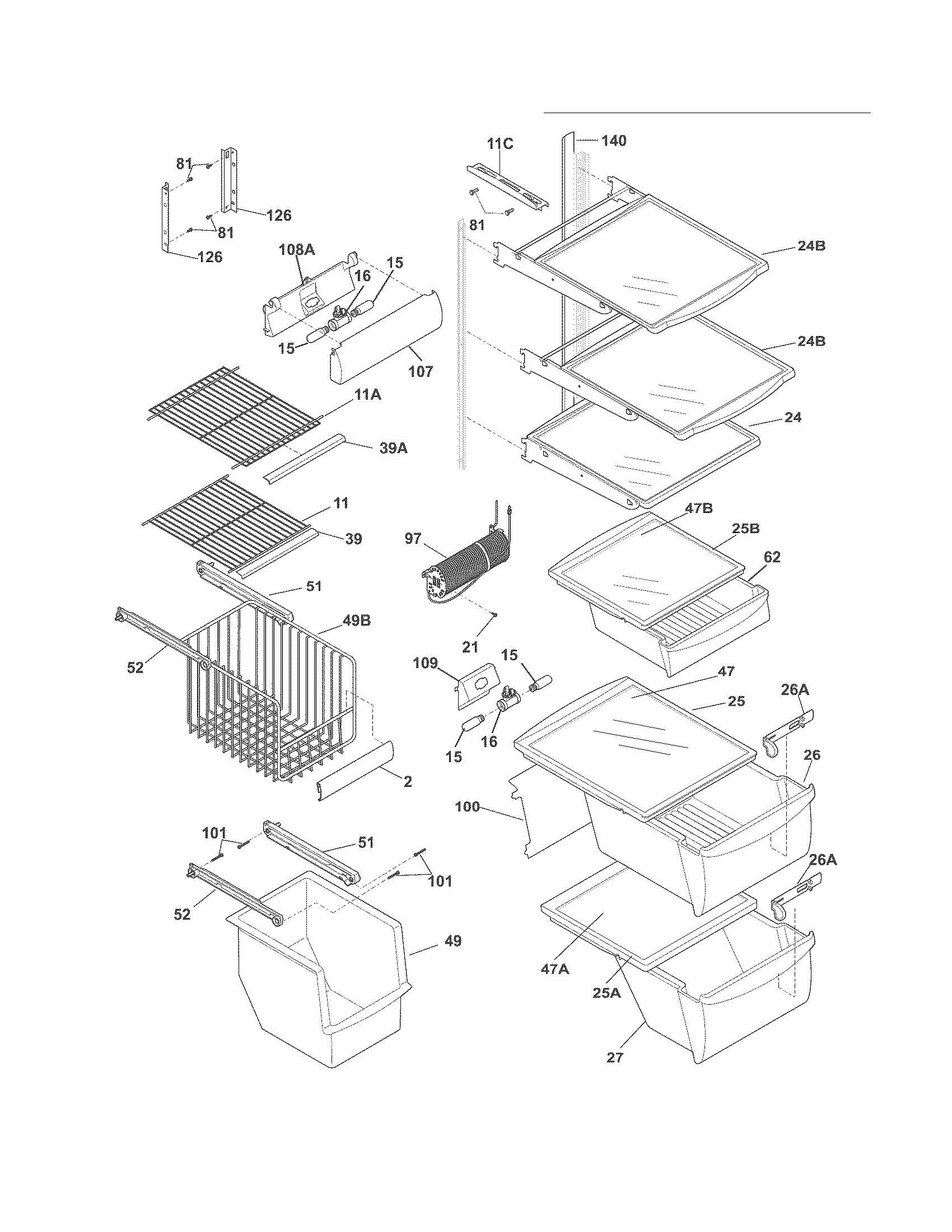 Shelves Diagram and Parts List for FGUS2647LF2  Frigidaire Refrigerator