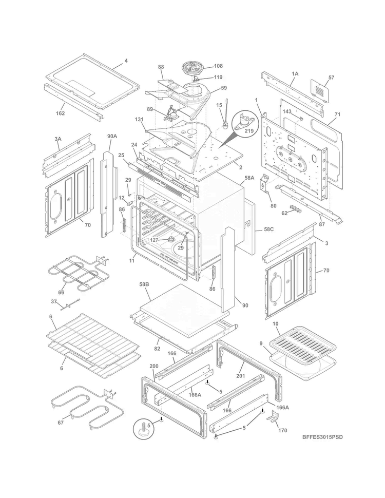 Body Diagram and Parts List for FFES3015PWF  Frigidaire Range