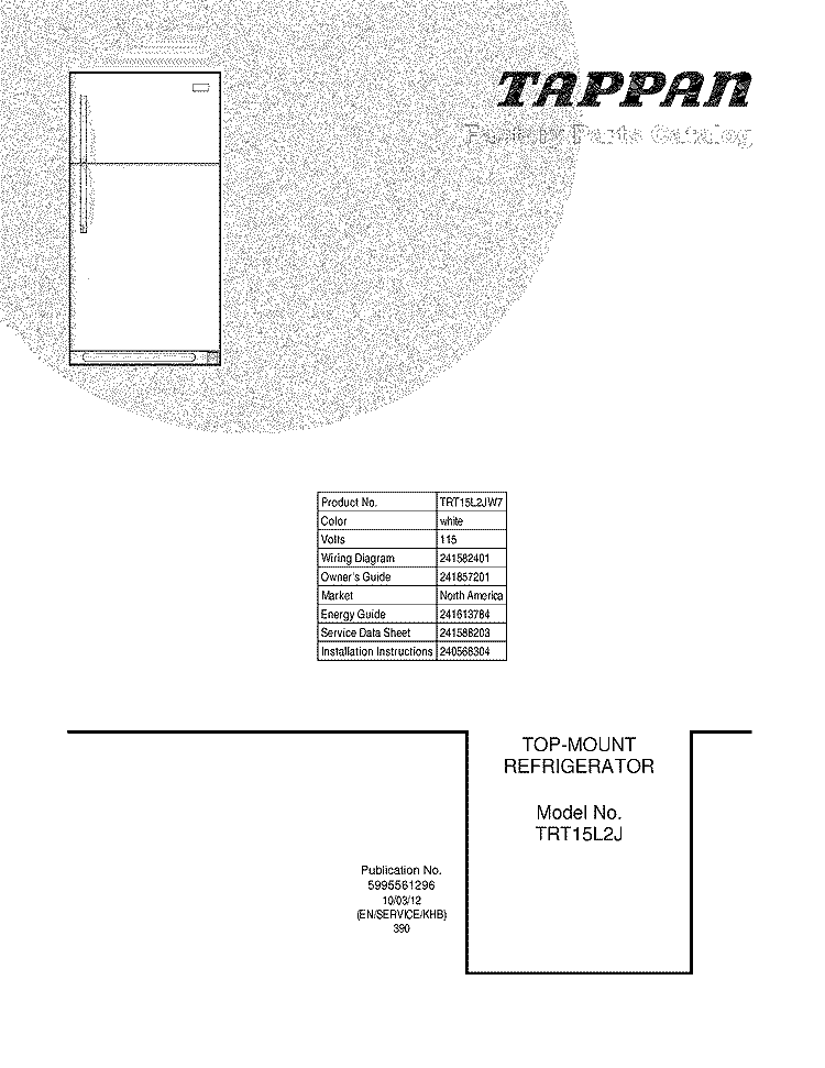 COVER Diagram and Parts List for TRT15L2JW7  Tappan Refrigerator