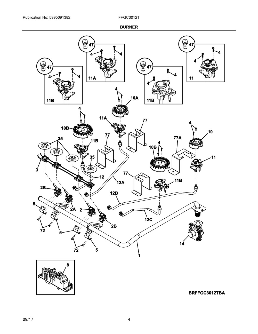 Burner Diagram and Parts List for FFGC3012TBA  Frigidaire Cooktop