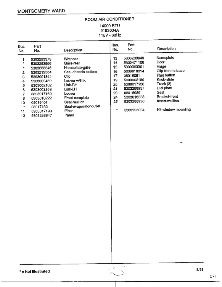 Room Air Conditioner Page 2 Diagram and Parts List for 5193004A  Frigidaire Air Conditioner