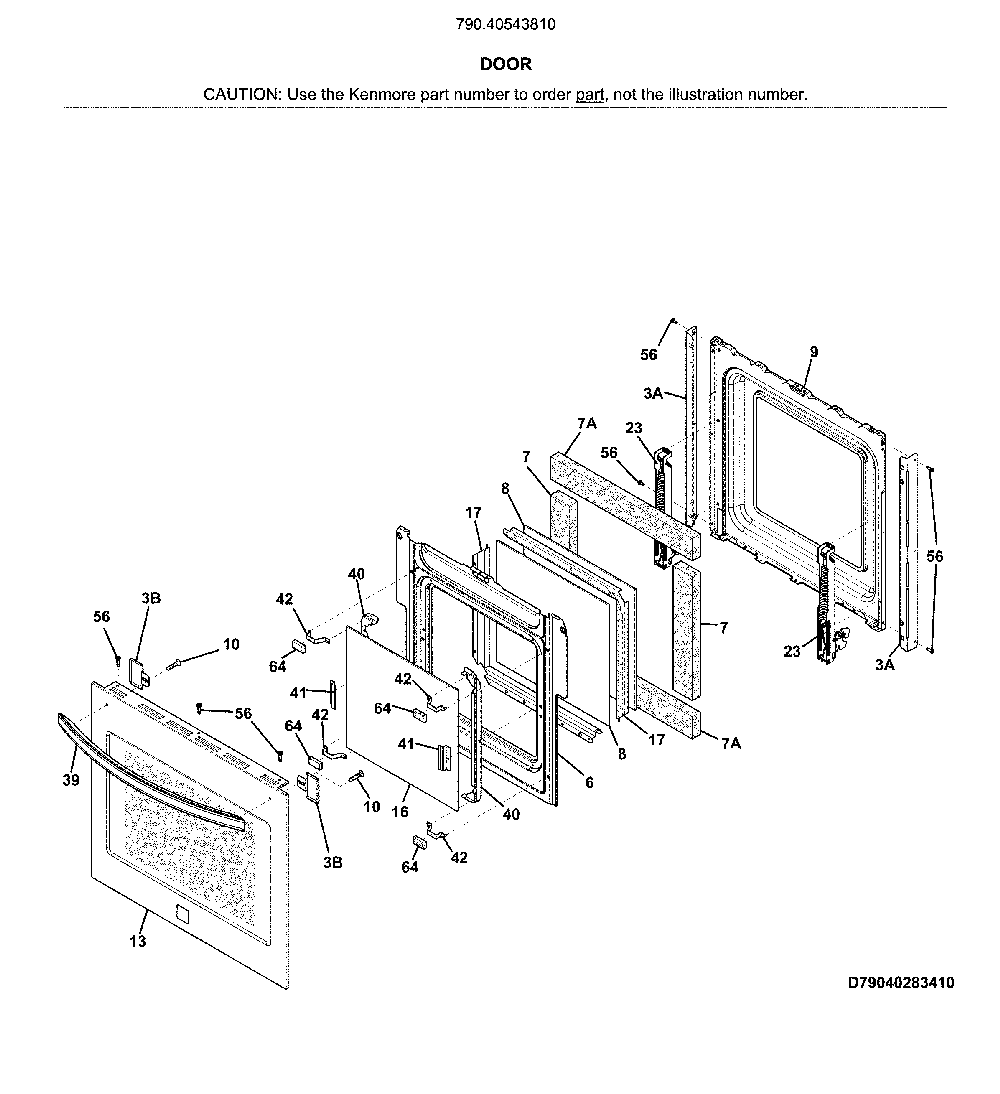 Door Diagram and Parts List for 79040543810  Kenmore Wall Oven