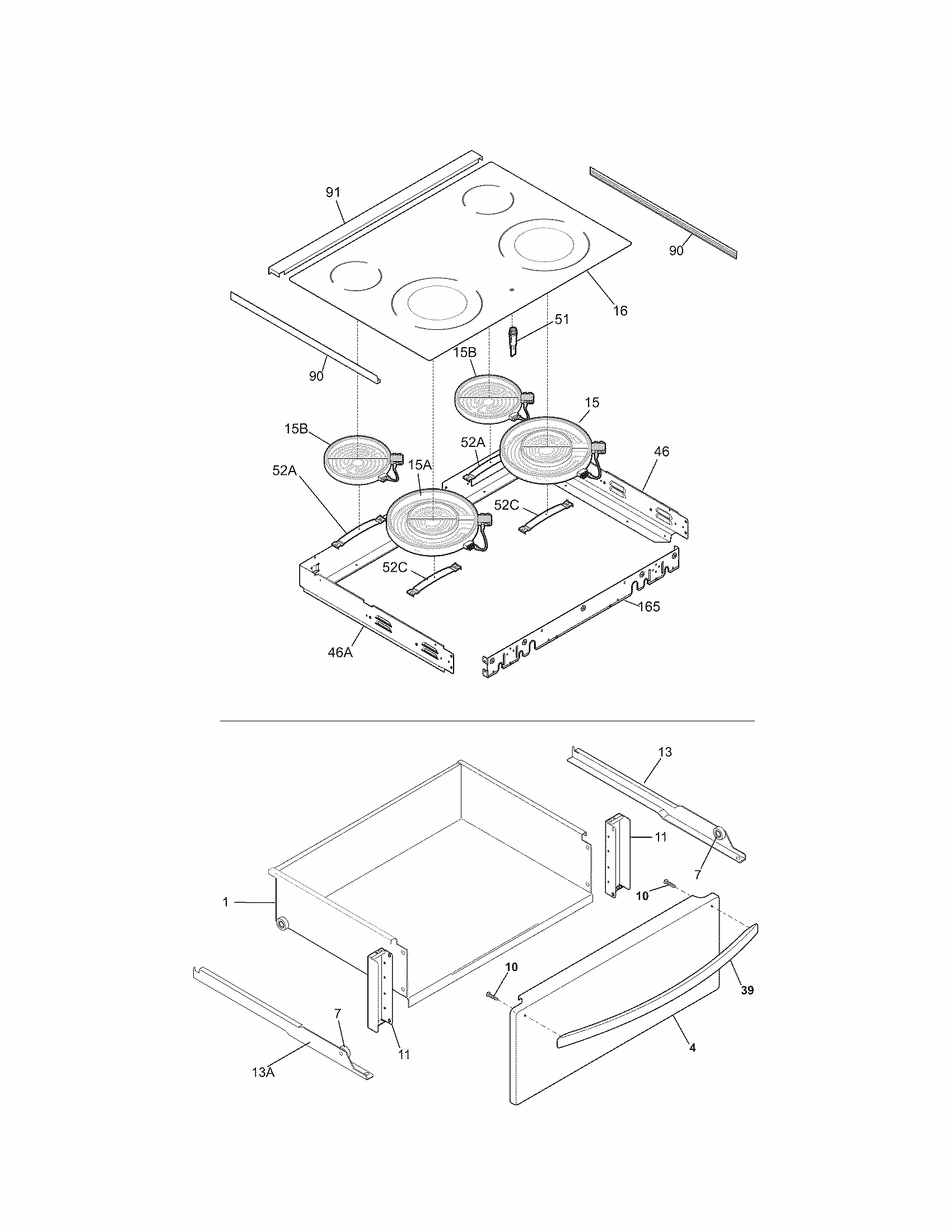 Top/drawer Diagram and Parts List for 79046783906  Kenmore Range