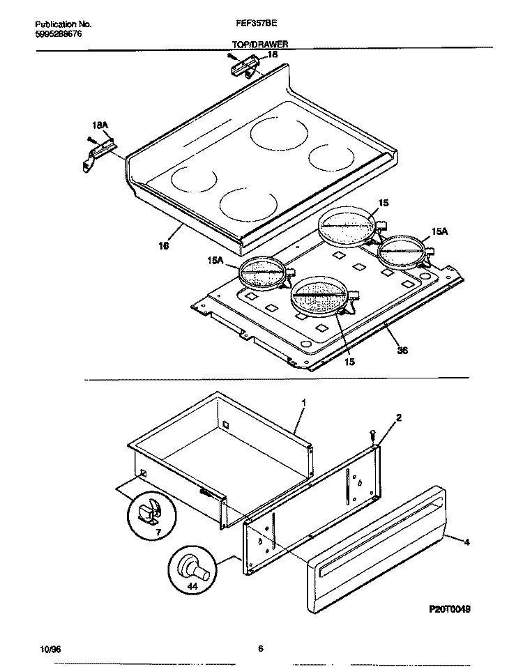 TOP / DRAWER Diagram and Parts List for FEF357BEWC  Frigidaire Range