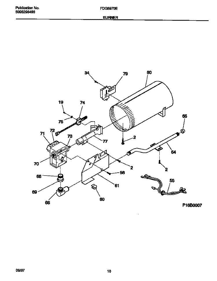 BURNER Diagram and Parts List for FDG8970EW1  Frigidaire Dryer