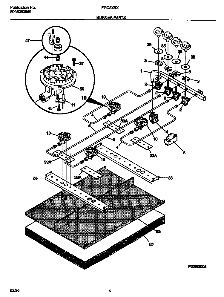 BURNER PARTS Diagram and Parts List for FGC3X8XCSA  Frigidaire Cooktop