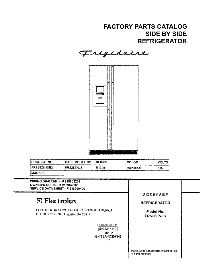 COVER Diagram and Parts List for FRS26ZNJSB2  Frigidaire Refrigerator