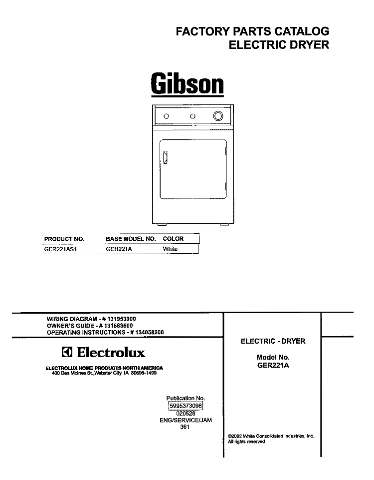 COVER Diagram and Parts List for GER221AS1  Gibson Dryer