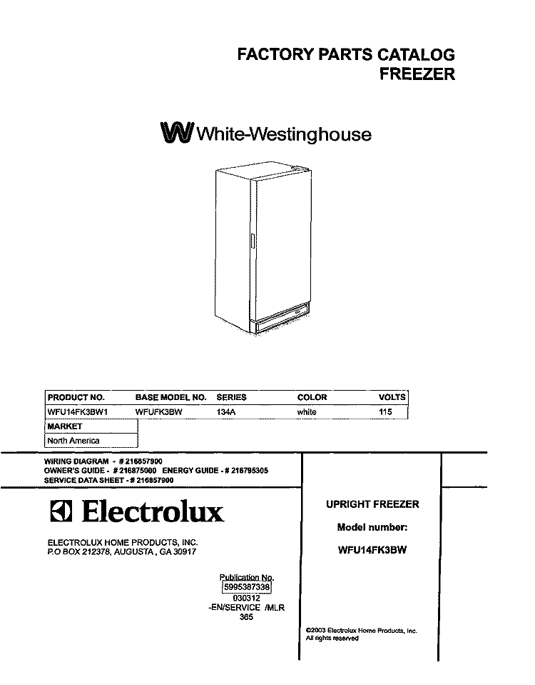 COVER Diagram and Parts List for WFU14FK3BW1  Westinghouse Freezer