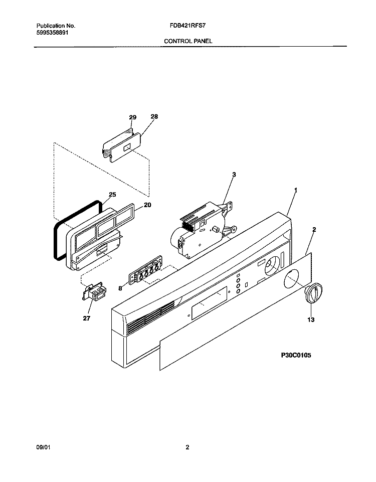 CONTROL PANEL Diagram and Parts List for FDB421RFS7  Frigidaire Dishwasher