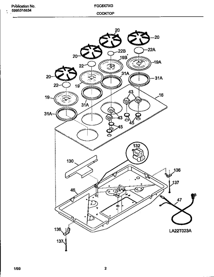Cooktop Diagram and Parts List for FGC6X7XGBA-M1 1/00 Frigidaire Cooktop