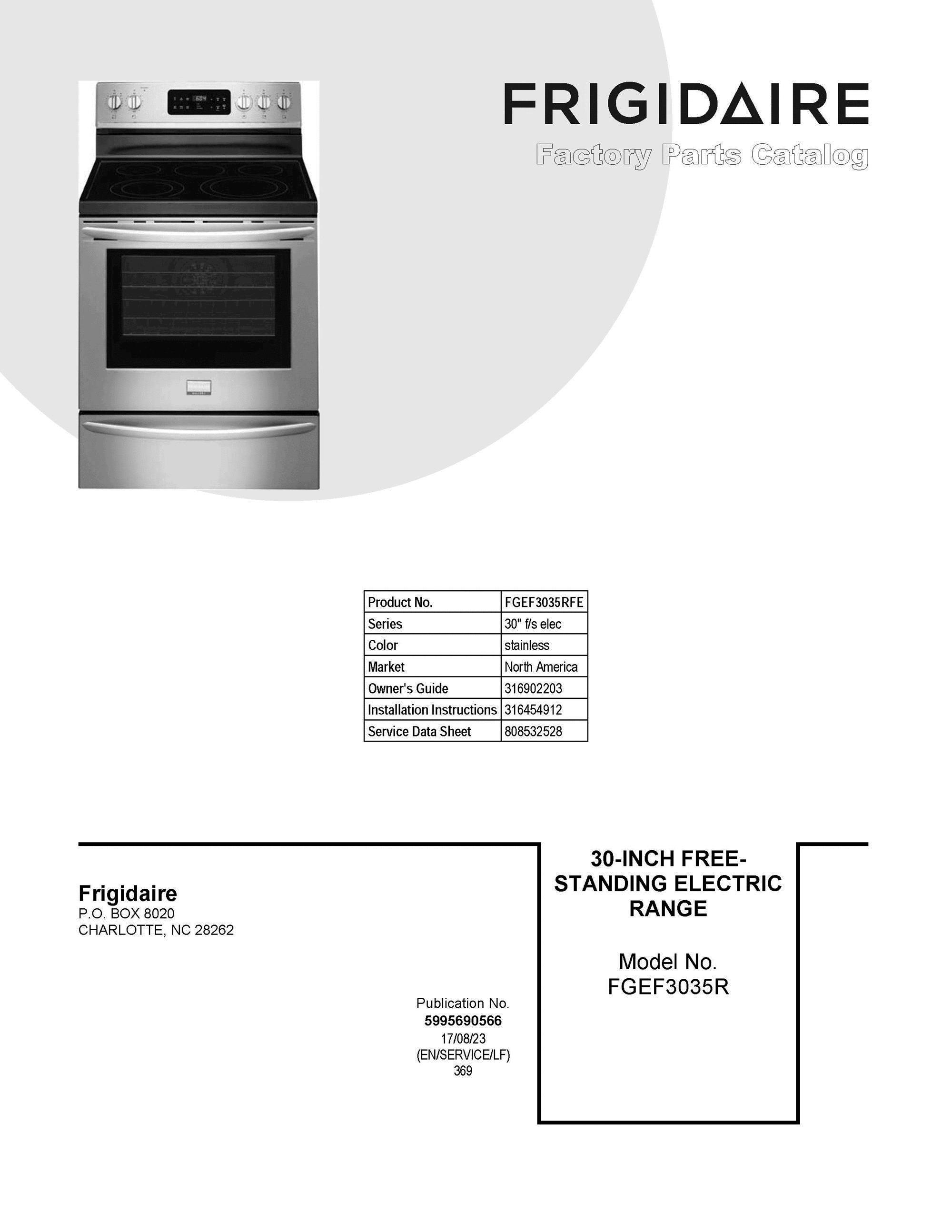 01 - COVER SHEET Diagram and Parts List for FGEF3035RFE  Frigidaire Range