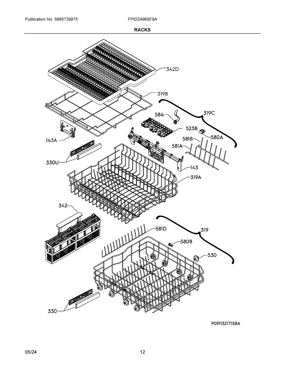 Racks Diagram and Parts List for FPID2498SF9A  Frigidaire Dishwasher