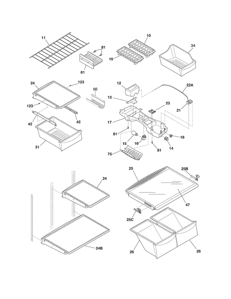 Shelves Diagram and Parts List for WRTS23V7MW4  Frigidaire Refrigerator