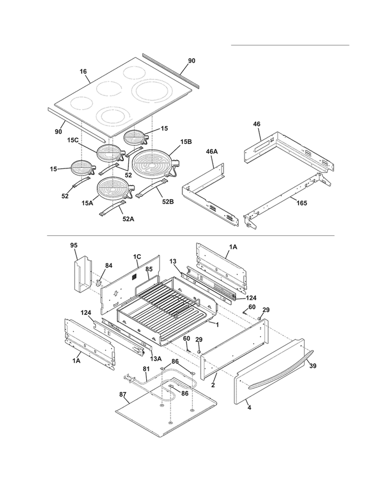 Top/drawer Diagram and Parts List for CGES3065KW5  Frigidaire Range