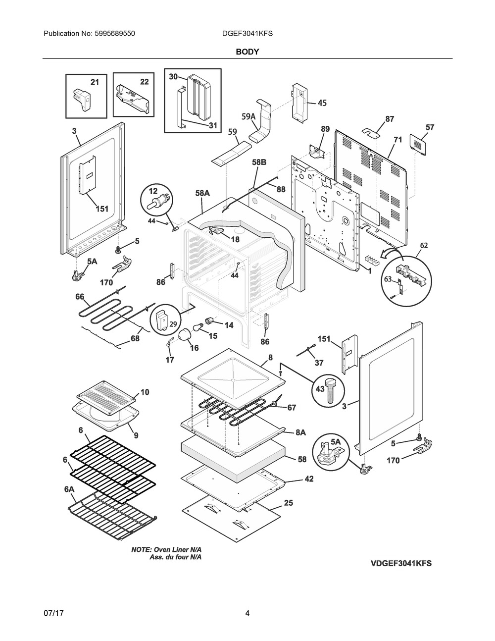 Body Diagram and Parts List for DGEF3041KFS  Frigidaire Range