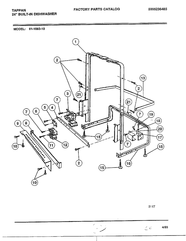 Front Frame Assy Diagram and Parts List for 61-1083-10  Frigidaire Dishwasher