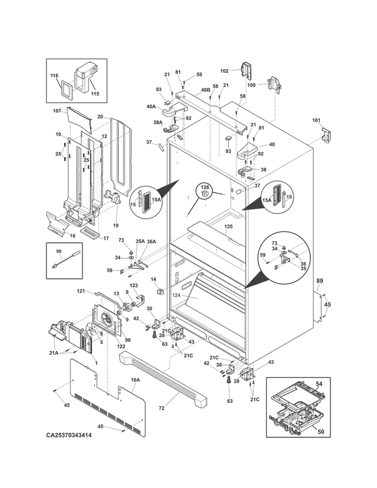 Cabinet Diagram and Parts List for 25370343414  Kenmore Refrigerator