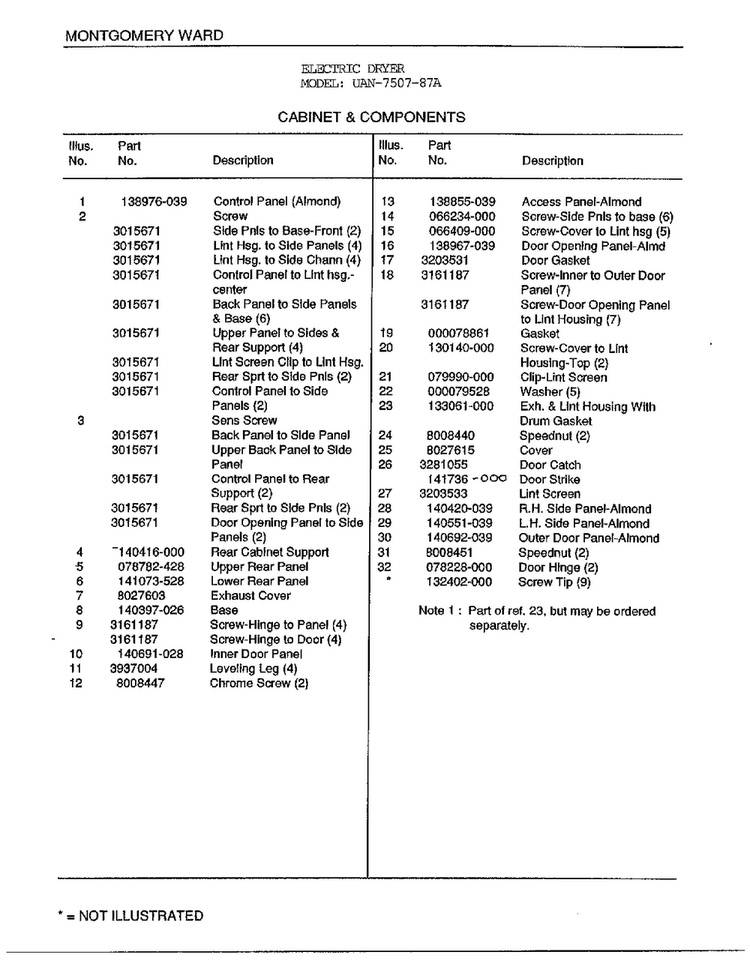 Cabinet And Components Page 2 Diagram and Parts List for 7507-87A  Frigidaire Dryer