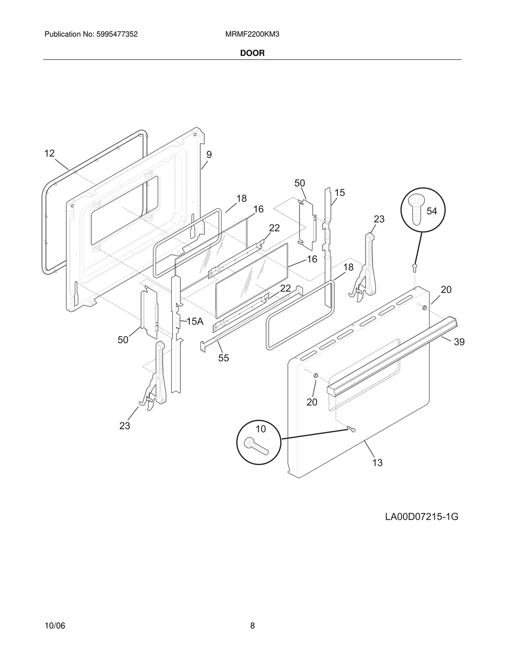 Door Diagram and Parts List for MRMF2200KM3  Frigidaire Range