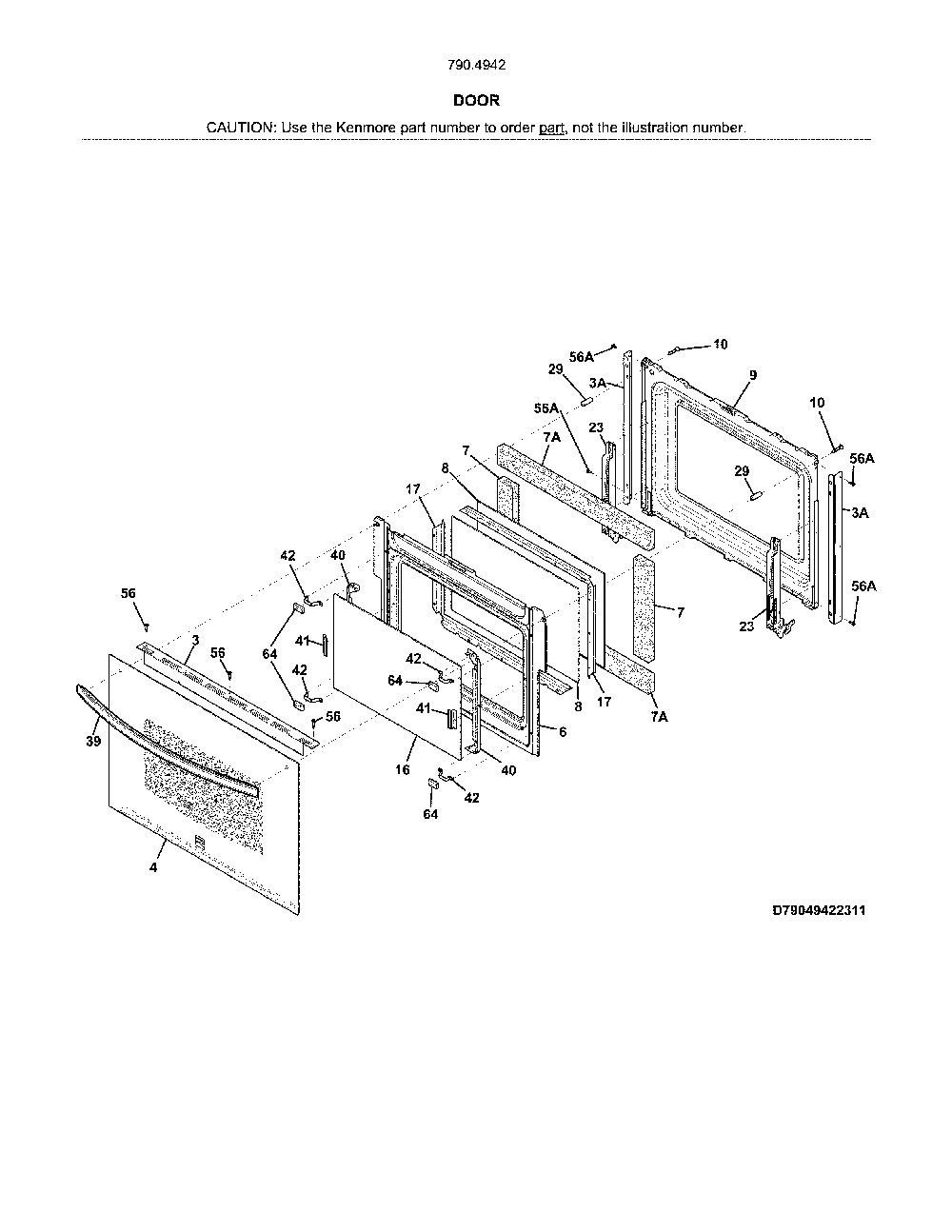 Door Diagram and Parts List for 79049429314  Kenmore Wall Oven