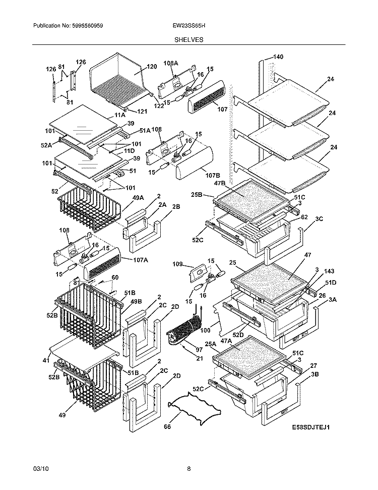 SHELVES Diagram and Parts List for EW23SS65HW4  Electrolux Refrigerator