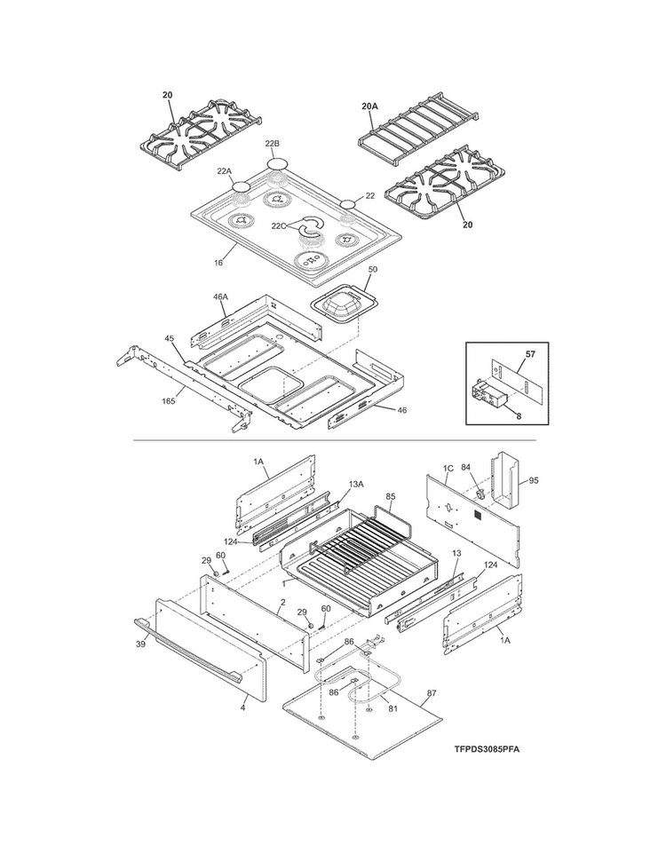 Top/drawer Diagram and Parts List for CPDS3085PFA  Frigidaire Range