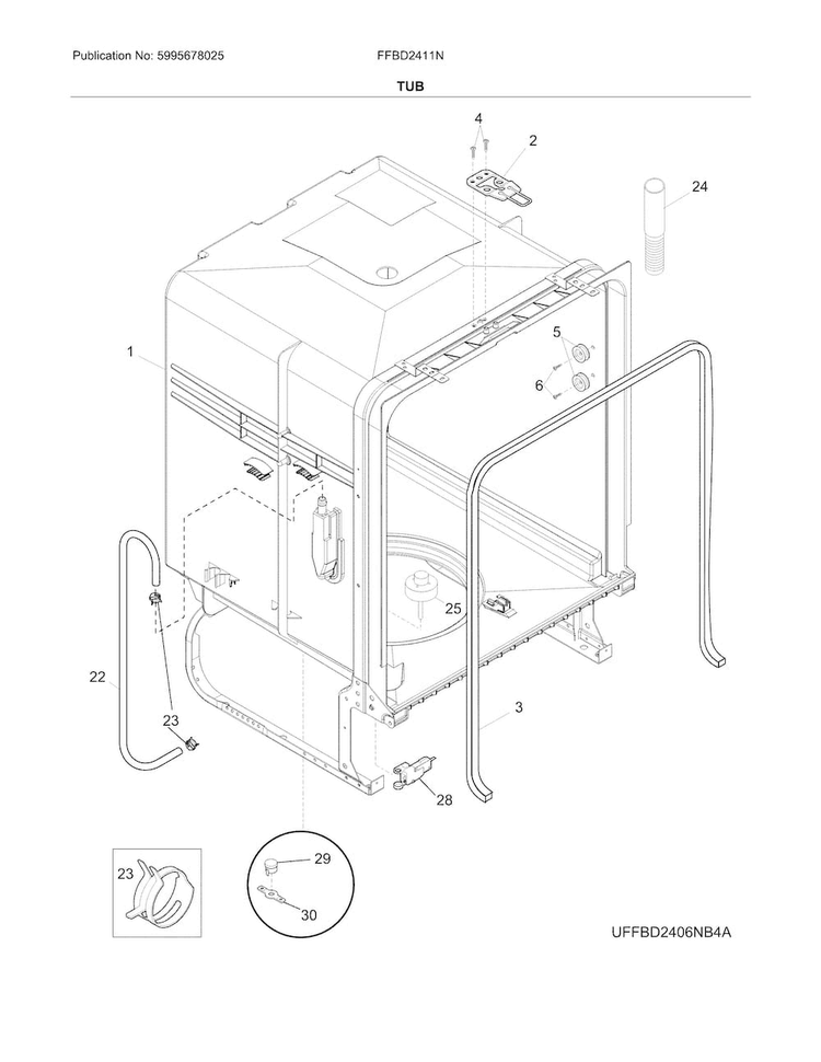Tub Diagram and Parts List for FFBD2411NW8B  Frigidaire Dishwasher