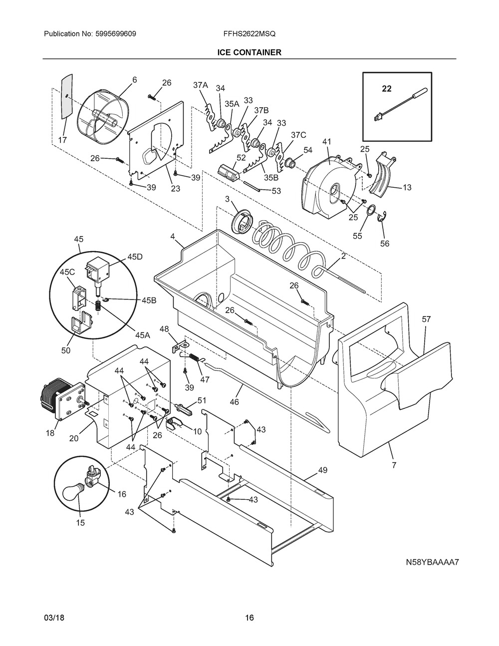 Ice Container Diagram and Parts List for FFHS2622MSQ  Frigidaire Refrigerator