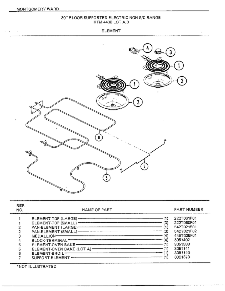 30" Floor/element Diagram and Parts List for 4438A  Frigidaire Range