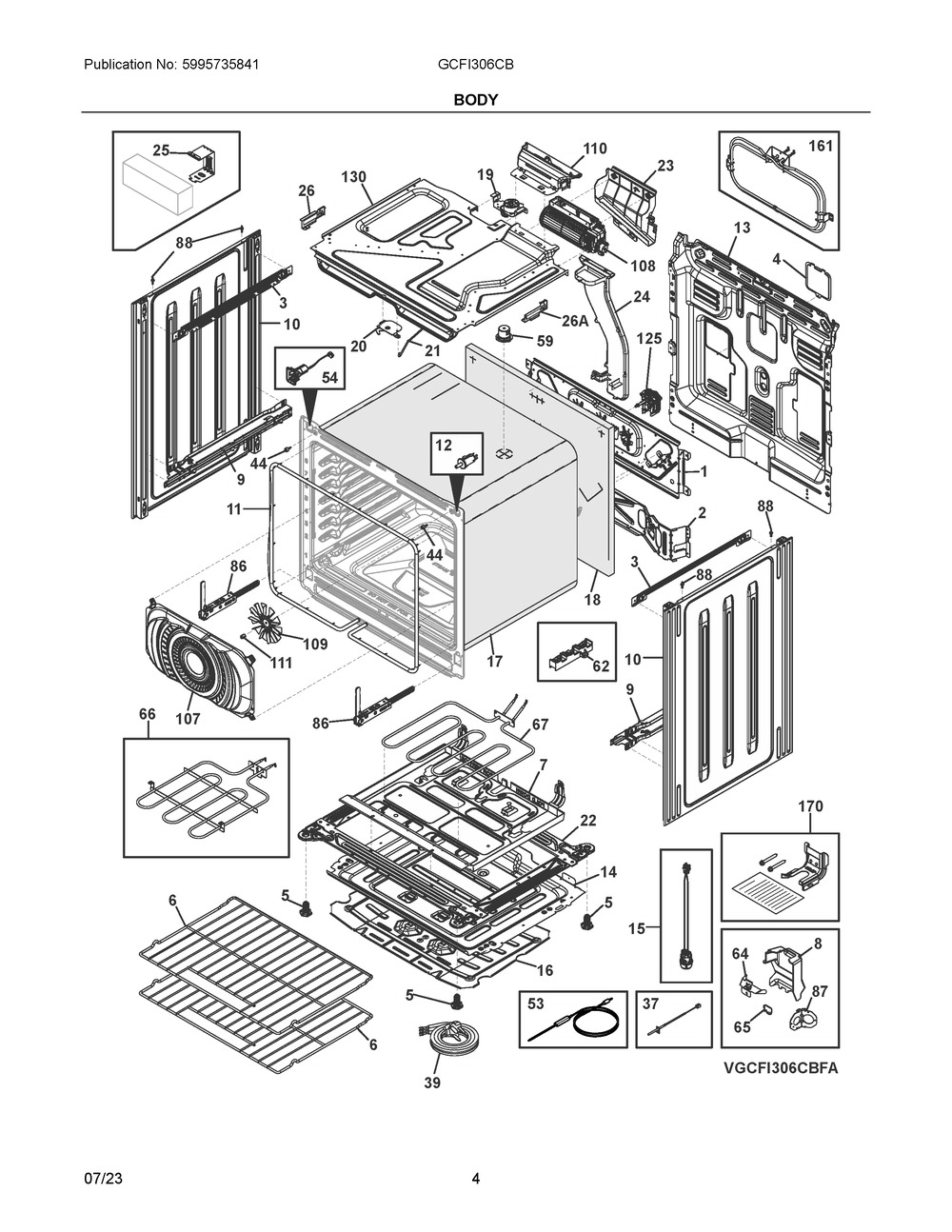 Body Diagram and Parts List for GCFI306CBFA  Frigidaire Range