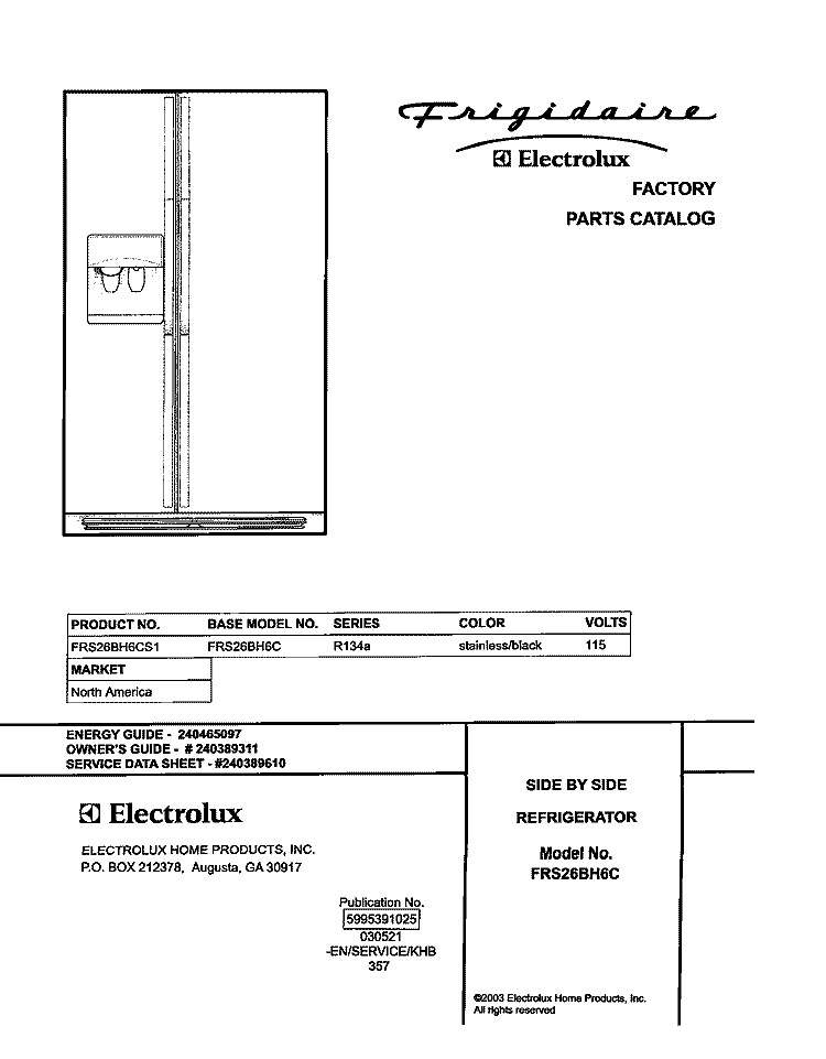 COVER Diagram and Parts List for FRS26BH6CS1  Frigidaire Refrigerator