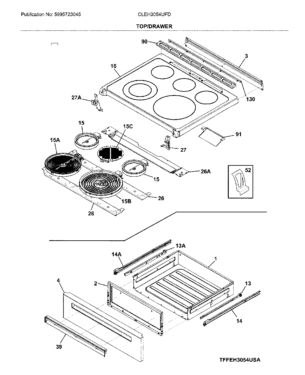 Top/drawer Diagram and Parts List for CLEH3054UFD  Frigidaire Range