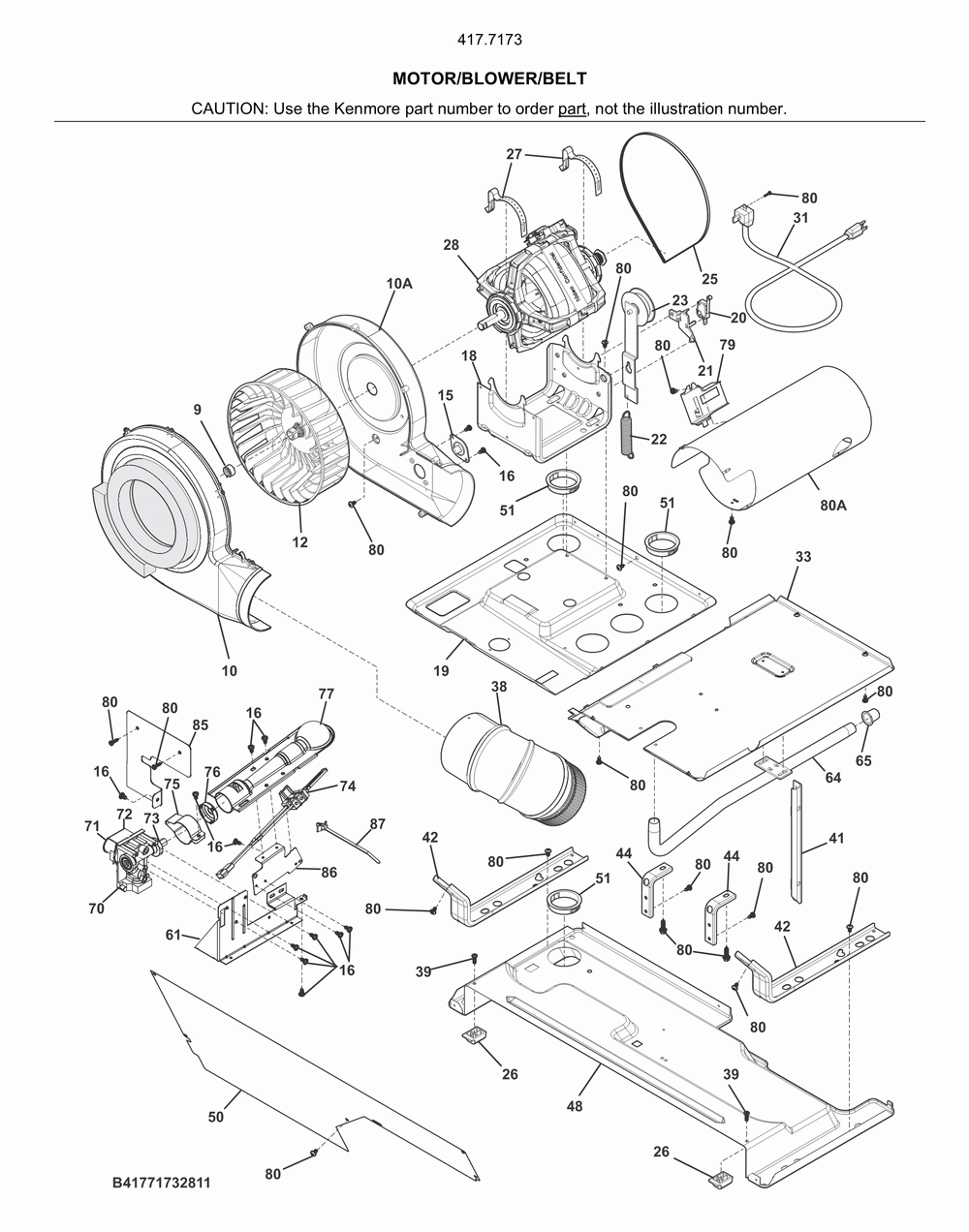Motor/blower/belt Diagram and Parts List for 41771733811  Kenmore Washer Dryer Combo