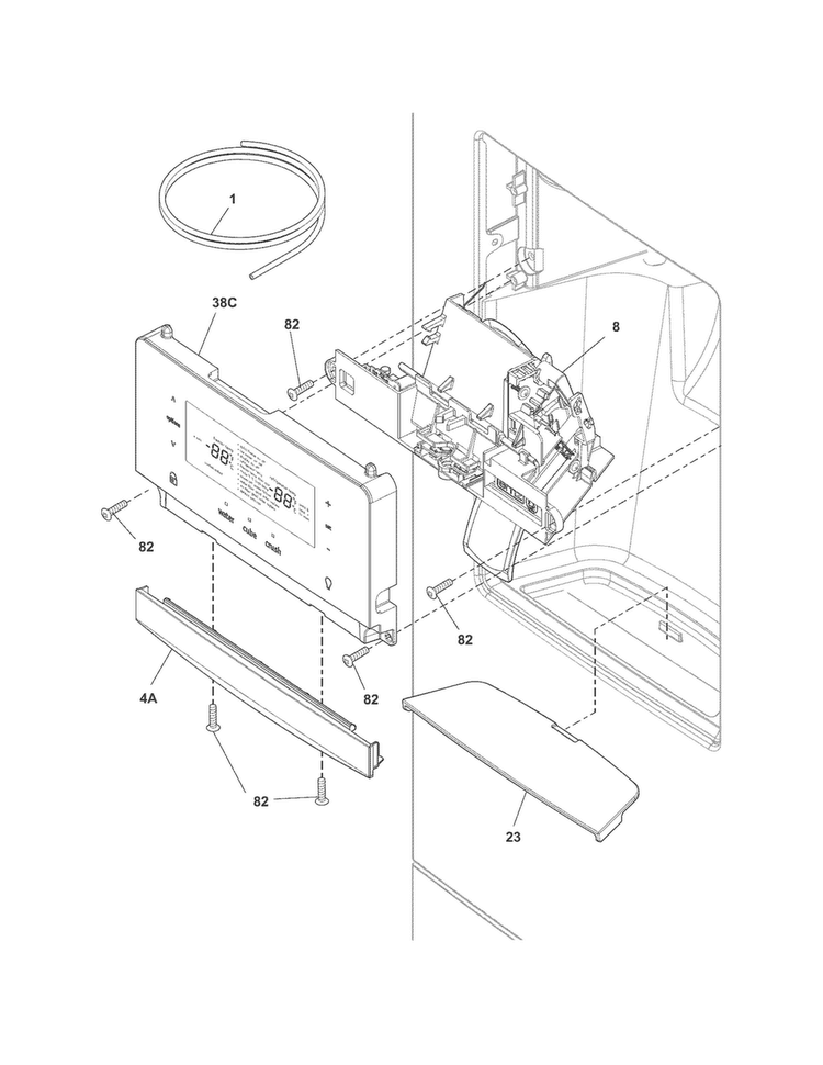 Controls & Ice Dispenser Diagram and Parts List for FPHF2399PF2  Frigidaire Refrigerator
