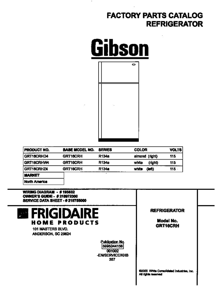 Cover Diagram and Parts List for GRT16CRHW4  Gibson Refrigerator