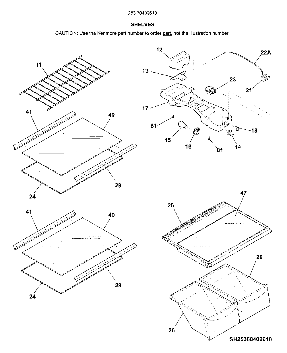 Shelves Diagram and Parts List for 25370402613  Kenmore Refrigerator