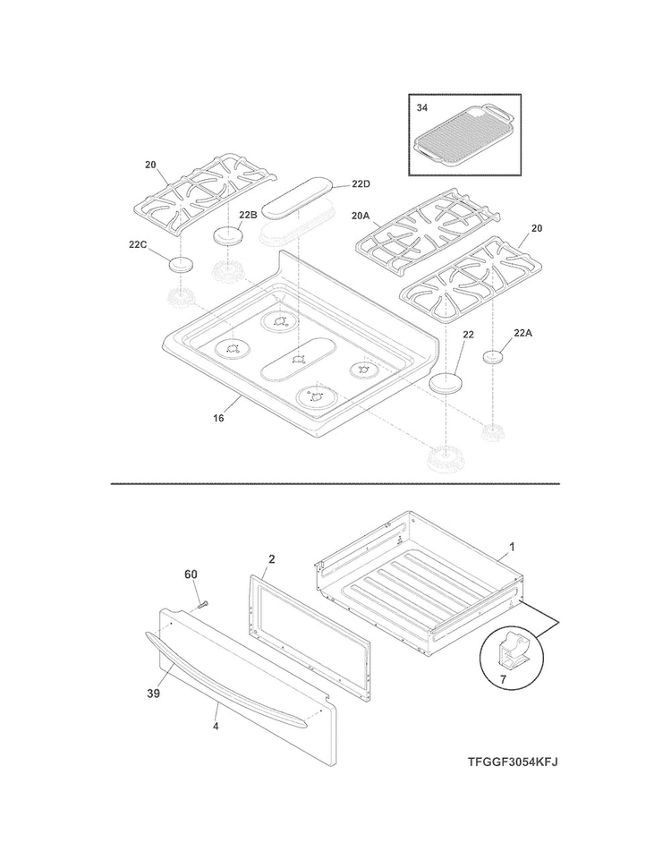 Top/drawer Diagram and Parts List for FGGF3054MWE  Frigidaire Range
