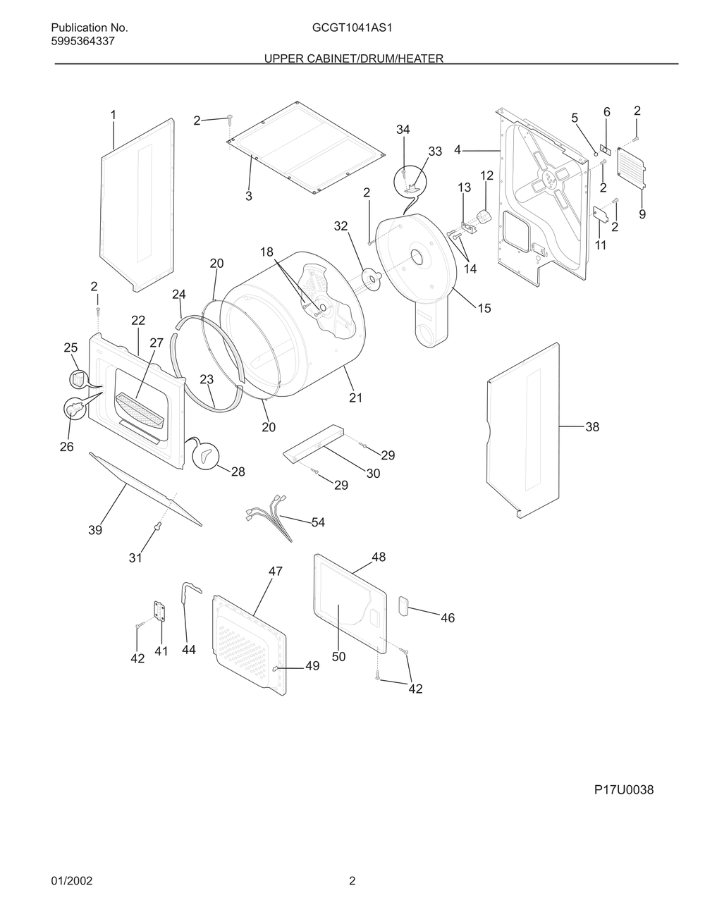 Upper Cabinet/Drum/Heater Diagram and Parts List for GCGT1041AS1  Frigidaire Dryer